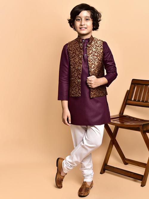 boys solid mandarin neck kurta pyjama ethnic jacket set - 21787126 - Very Small Image - 1