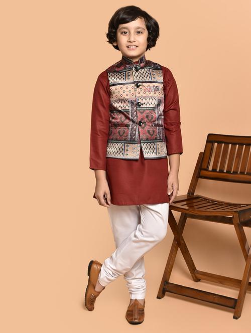 boys solid mandarin neck kurta pyjama ethnic jacket set - 21787153 - Very Small Image - 1