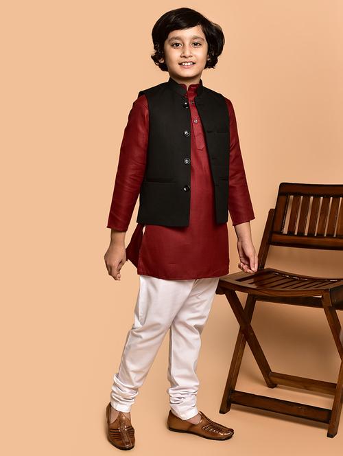 boys solid mandarin neck kurta pyjama ethnic jacket set - 21787156 - Very Small Image - 1