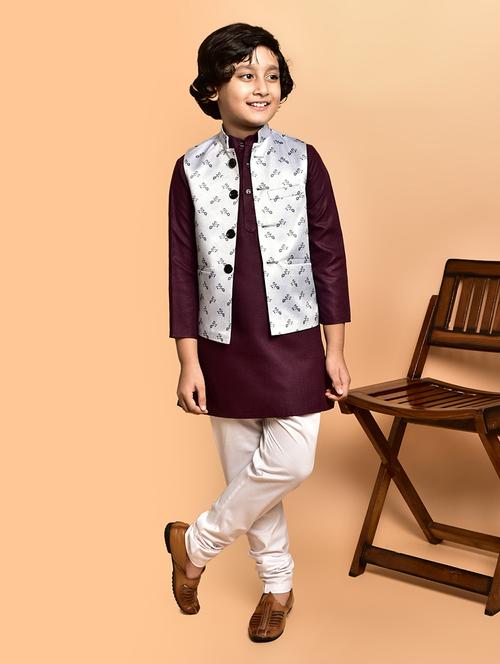 boys solid mandarin neck kurta pyjama ethnic jacket set - 21787171 - Very Small Image - 1