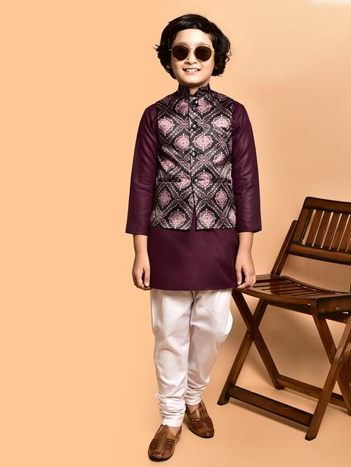 boys solid mandarin neck kurta pyjama ethnic jacket set - 21787173 - Very Small Image - 1