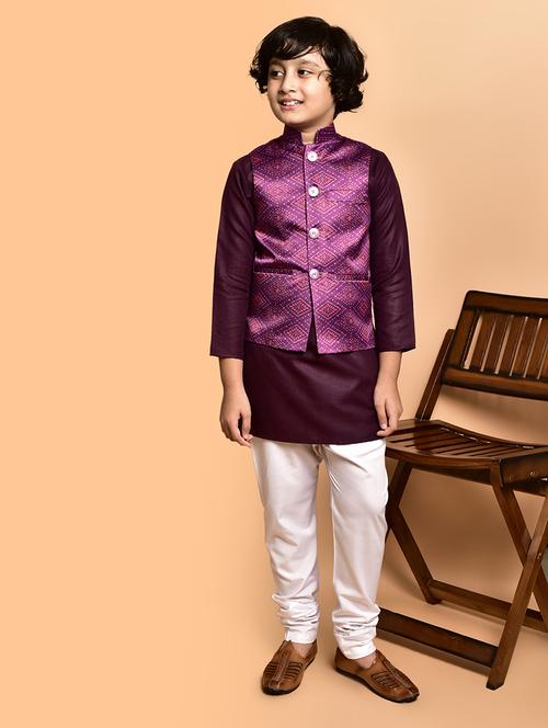 boys solid mandarin neck kurta pyjama ethnic jacket set - 21787177 - Very Small Image - 1
