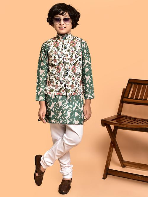 boys printed mandarin neck kurta pyjama ethnic jacket set - 21787183 - Very Small Image - 1