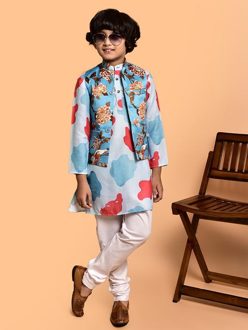 boys printed mandarin neck kurta pyjama ethnic jacket set - 21787184 - Very Small Image - 1