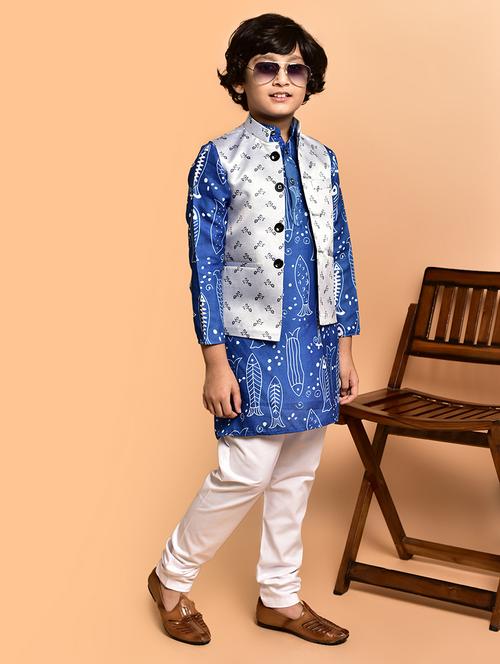 boys printed mandarin neck kurta pyjama ethnic jacket set - 21787188 - Very Small Image - 1