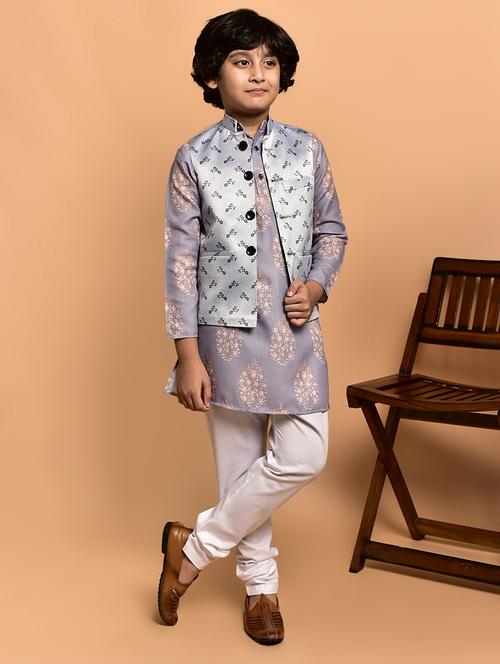 boys printed mandarin neck kurta pyjama ethnic jacket set - 21787189 - Very Small Image - 1