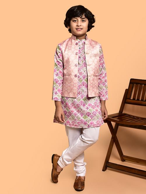 boys printed mandarin neck kurta pyjama ethnic jacket set - 21787190 - Very Small Image - 1