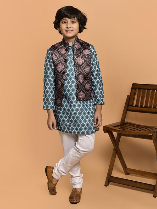 boys printed mandarin neck kurta pyjama ethnic jacket set - 21787191 - Very Small Image - 1