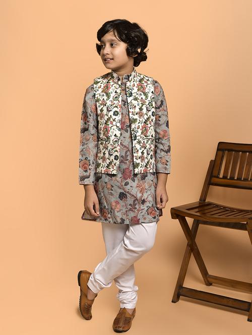 boys printed mandarin neck kurta pyjama ethnic jacket set - 21787193 - Very Small Image - 1