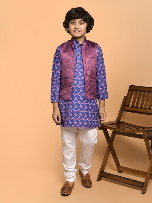 boys printed mandarin neck kurta pyjama ethnic jacket set - 21787195 - Very Small Image - 1
