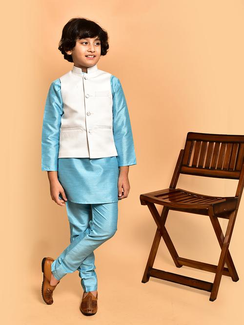 boys solid mandarin neck kurta pyjama ethnic jacket set - 21787259 - Very Small Image - 1
