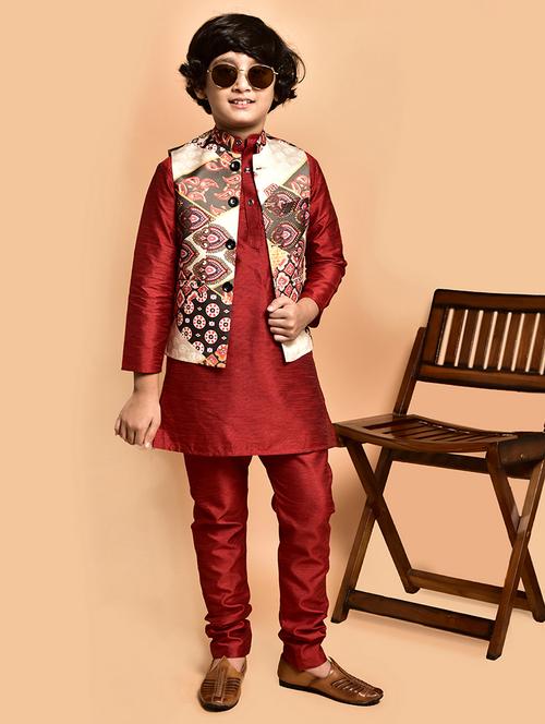boys solid mandarin neck kurta pyjama ethnic jacket set - 21787263 - Very Small Image - 1