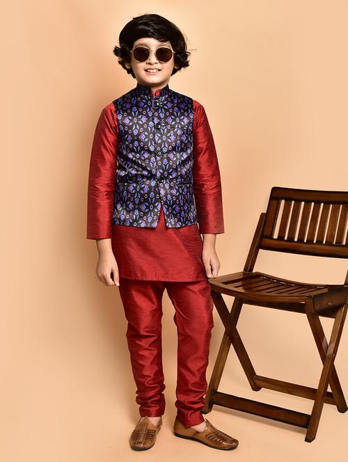 boys solid mandarin neck kurta pyjama ethnic jacket set - 21787264 - Very Small Image - 1