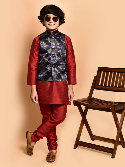 boys solid mandarin neck kurta pyjama ethnic jacket set - 21787266 - Very Small Image - 1