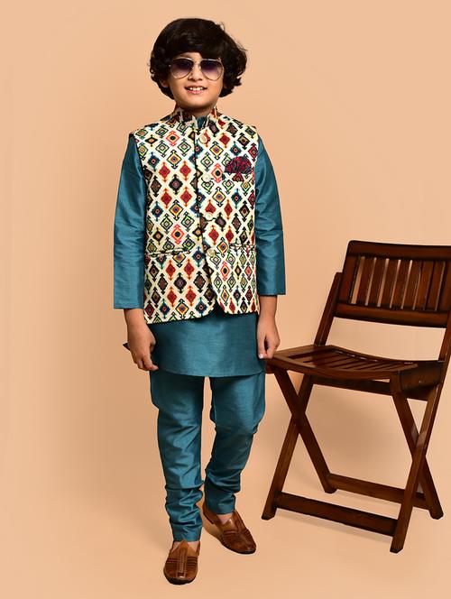 boys solid mandarin neck kurta pyjama ethnic jacket set - 21787269 - Very Small Image - 1
