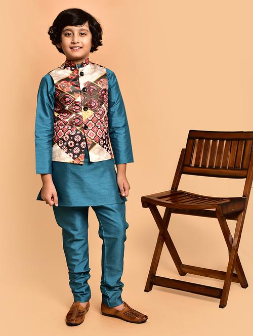 boys solid mandarin neck kurta pyjama ethnic jacket set - 21787271 - Very Small Image - 1