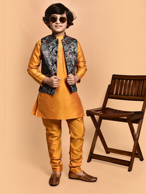 boys solid mandarin neck kurta pyjama ethnic jacket set - 21787277 - Very Small Image - 1