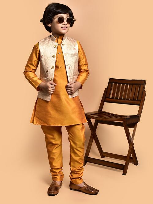 boys solid mandarin neck kurta pyjama ethnic jacket set - 21787278 - Very Small Image - 1