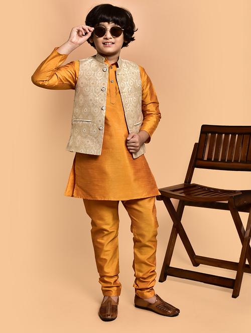 boys solid mandarin neck kurta pyjama ethnic jacket set - 21787279 - Very Small Image - 1