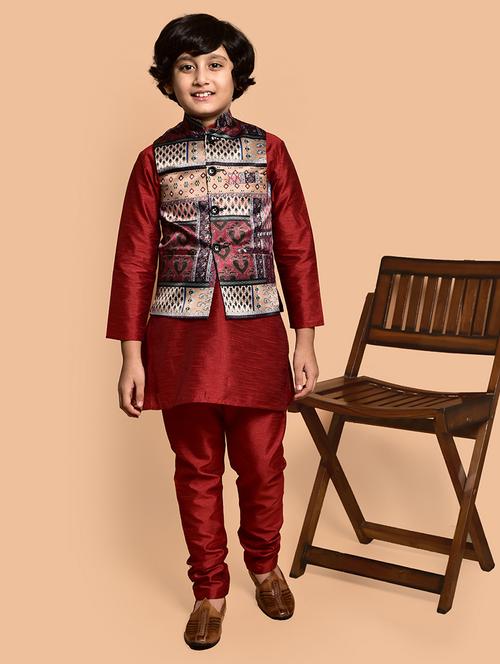 boys solid mandarin neck kurta pyjama ethnic jacket set - 21787280 - Very Small Image - 1