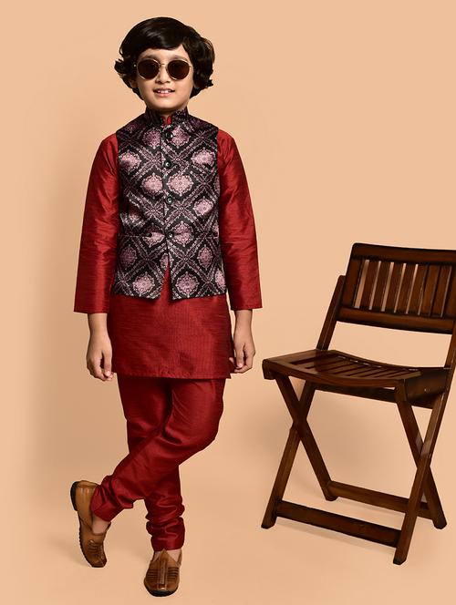 boys solid mandarin neck kurta pyjama ethnic jacket set - 21787281 - Very Small Image - 1