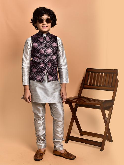 boys solid mandarin neck kurta pyjama ethnic jacket set - 21787289 - Very Small Image - 1
