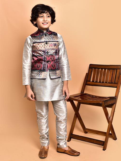 boys solid mandarin neck kurta pyjama ethnic jacket set - 21787293 - Very Small Image - 1