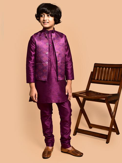 boys solid mandarin neck kurta pyjama ethnic jacket set - 21787300 - Very Small Image - 1