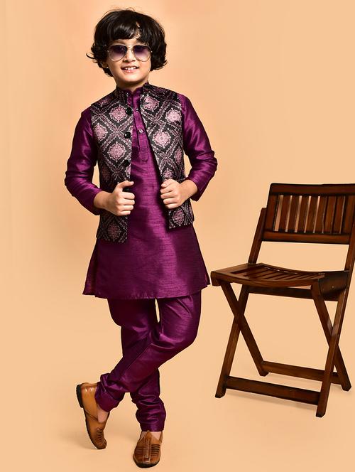 boys solid mandarin neck kurta pyjama ethnic jacket set - 21787302 - Very Small Image - 1