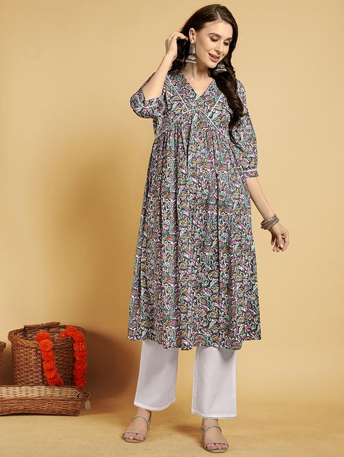 women three quarter sleeve kurta pant set - 21790032 - Very Small Image - 1