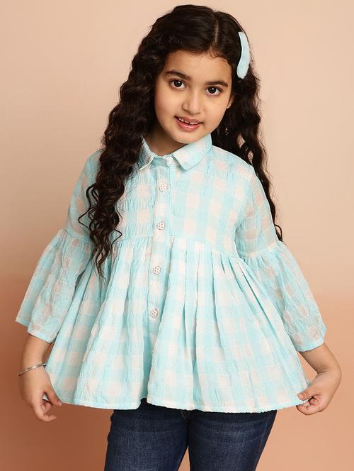 girls light blue checkered bell sleeve top - 21790934 - Very Small Image - 1