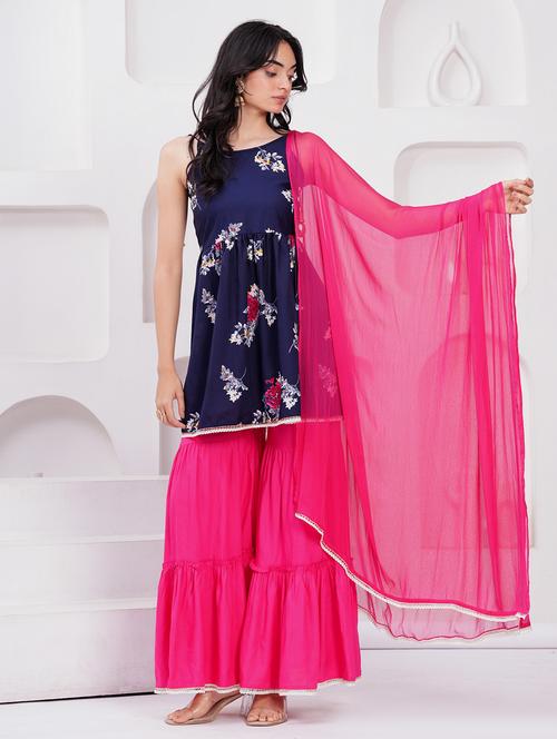women blue floral printed kurta sharara with dupatta set - 21791377 - Very Small Image - 1