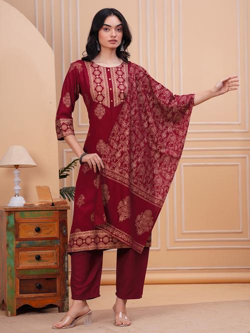 women three quarter sleeve kurta pant with dupatta set - 21791379 - Very Small Image - 1