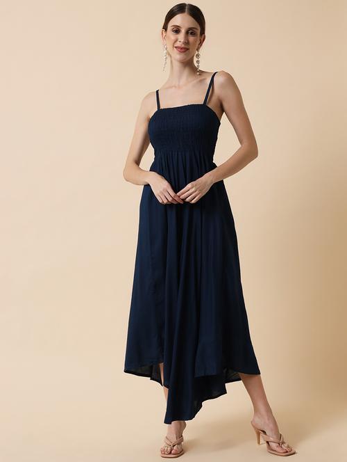 women navy blue solid shoulder strap fit & falre dress - 21793219 - Very Small Image - 1