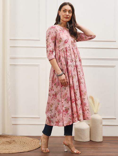 women pink three quarter sleeve flared kurta - 21793238 - Very Small Image - 1
