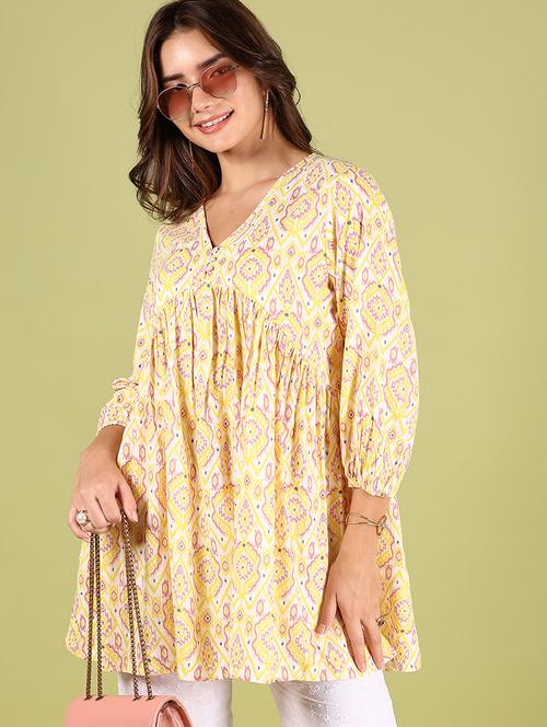 women yellow printed v neck tunic - 21794752 - Very Small Image - 1