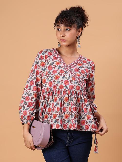 women floral printed v neck peplum top - 21795043 - Very Small Image - 1