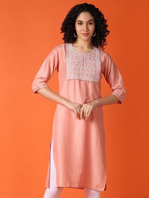 women peach three quarter sleeve straight kurta - 21795045 - Very Small Image - 1
