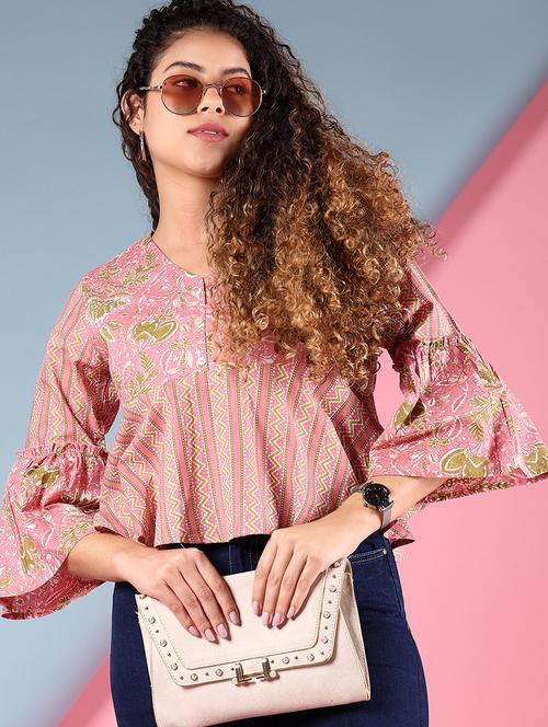 women pink printed bell sleeve peplum top - 21795063 - Very Small Image - 1