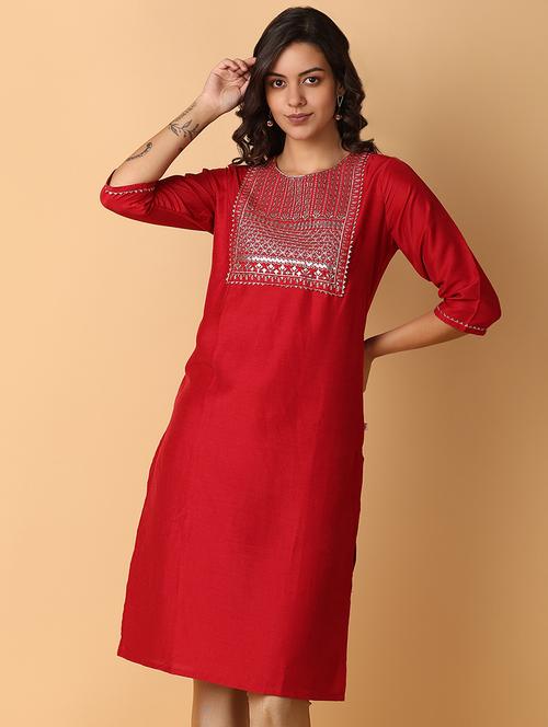 red embroidered straight kurta with round neck - 21795257 - Very Small Image - 1