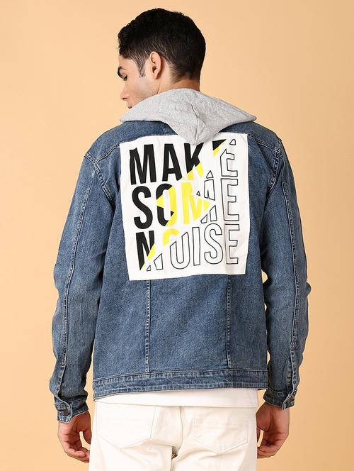 men typographic long sleeve hooded denim jacket - 21795314 - Very Small Image - 1