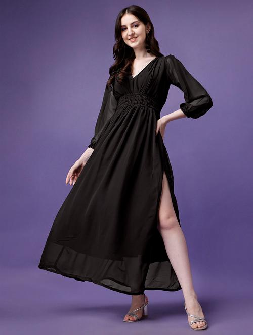 women puff sleeves high slit fit & flare dress - 21796611 - Very Small Image - 1