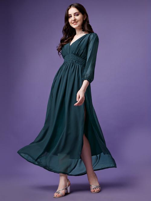 women puff sleeves high slit fit & flare dress - 21796612 - Very Small Image - 1