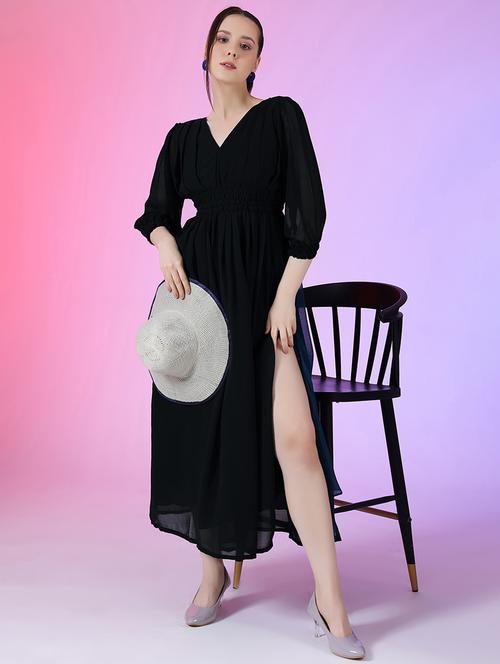 women puff sleeves high slit fit & flare dress - 21796619 - Very Small Image - 1
