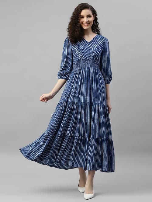 women striped puff sleeves overlap neck tiered dress - 21796642 - Very Small Image - 1
