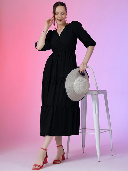 women puff sleeves overlap neck tiered dress - 21796647 - Very Small Image - 1