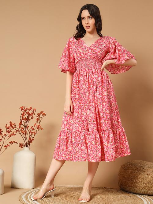 women pink floral printed bell sleeve tiered dress - 21796972 - Very Small Image - 1