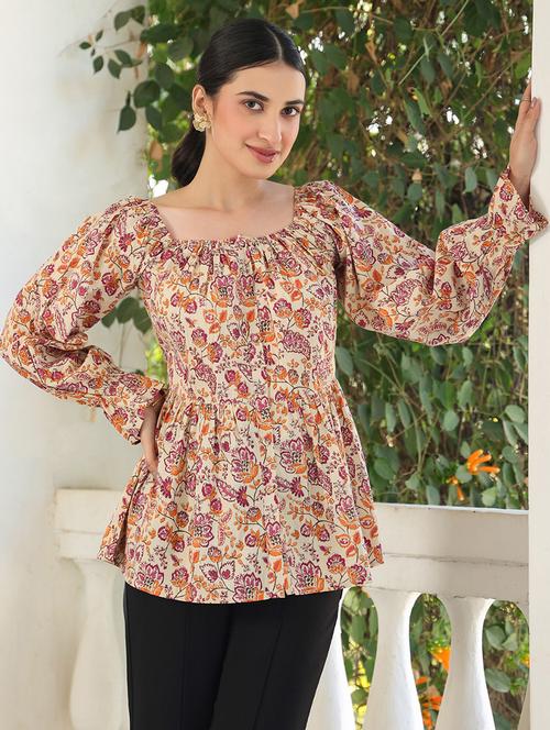 women printed puff sleeves peplum top - 21840079 - Very Small Image - 1