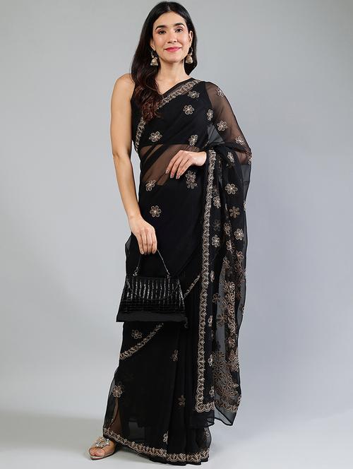 women black chikankari work saree with blouse - 21840098 - Very Small Image - 1