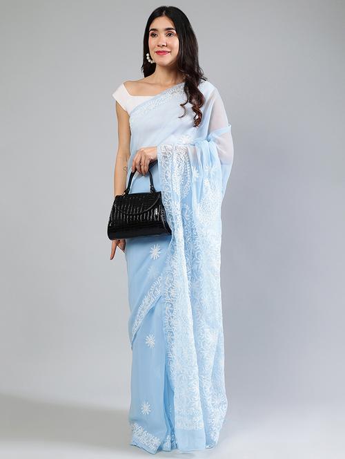 women light blue chikankari work saree with blouse - 21840106 - Very Small Image - 1